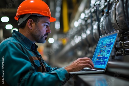 Industrial engineer working on laptop in a factory setting photo