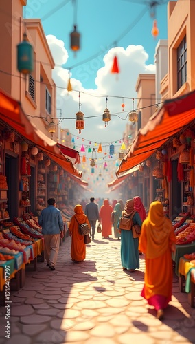 Warm sunlight on bustling fruit stall in urban market