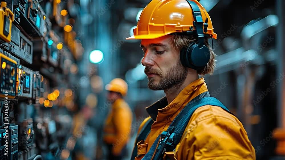Worker in safety gear focused on control panel while wearing headphones in industrial setting Worker in safety gear focused on control panel while wearing headphones in industrial setting