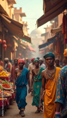 Vibrant street market with fresh fruit and local shoppers