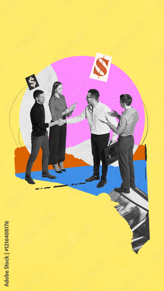 Group of employees presenting ideas and debating strategies for projects, emphasizing innovation and brainstorm. Conceptual art collage. Concept of teamwork, collaboration, achievement Group of employees presenting ideas and debating strategies for projects, emphasizing innovation and brainstorm. Conceptual art collage. Concept of teamwork, collaboration, achievement