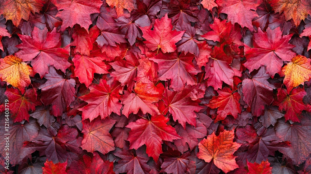 Panoramic view of vibrant red maple leaves, autumn theme 