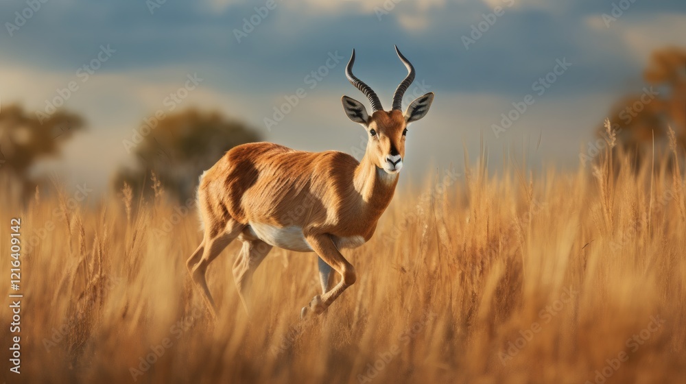 Graceful gazelle moving through golden grass under a dramatic sky at sunset Graceful gazelle moving through golden grass under a dramatic sky at sunset