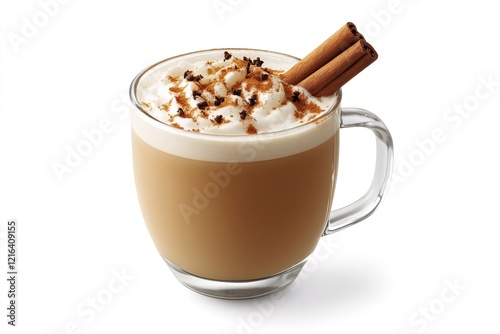 Creamy latte showing cinnamon sticks and whipped cream topping