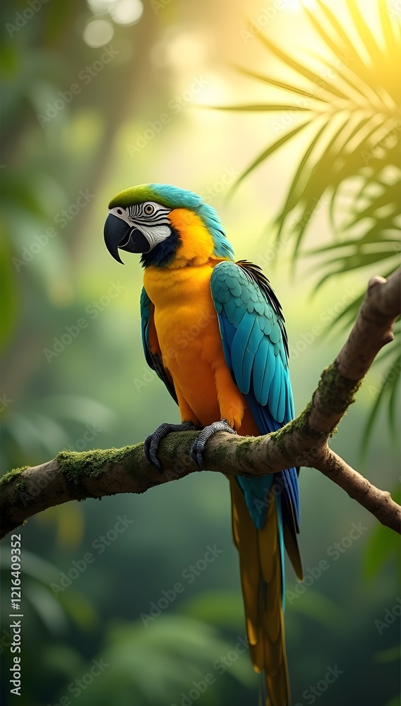 Obraz premium Beautiful ara macaw parrot looking around in tropical rainforest scenery