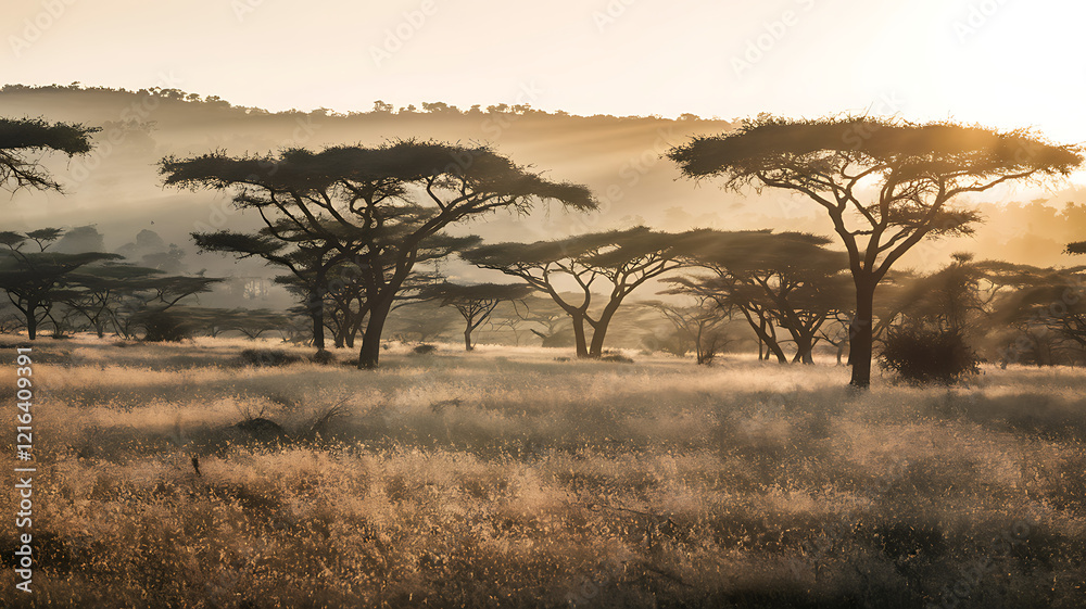 Golden Savanna at Dusk with Acacia Trees, Warm Sunset Light, and Distant Hills Softened by Heat Haze, Capturing Serenity and the Call of Wildlife Golden Savanna at Dusk with Acacia Trees, Warm Sunset Light, and Distant Hills Softened by Heat Haze, Capturing Serenity and the Call of Wildlife