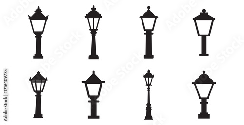 Vintage street light posts set, old street lamp posts, sidewalk lantern, vector