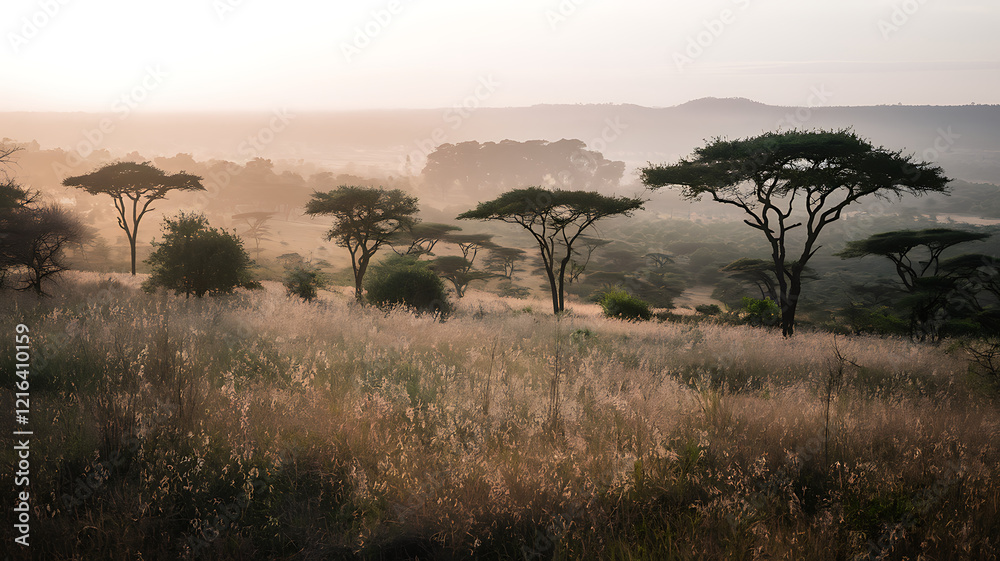 Golden Savanna at Dusk with Acacia Trees, Warm Sunset Light, and Distant Hills Softened by Heat Haze, Capturing Serenity and the Call of Wildlife Golden Savanna at Dusk with Acacia Trees, Warm Sunset Light, and Distant Hills Softened by Heat Haze, Capturing Serenity and the Call of Wildlife