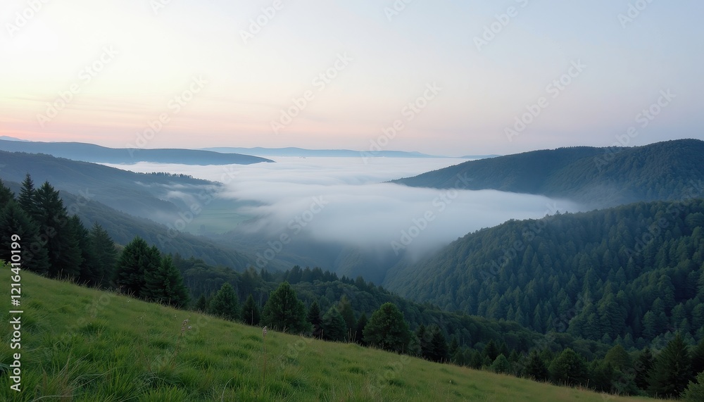 Fototapeta premium Breathtaking Morning View: Grassy Hillside, Tall Trees, and Rolling Hills Under Soft Sunrise Light