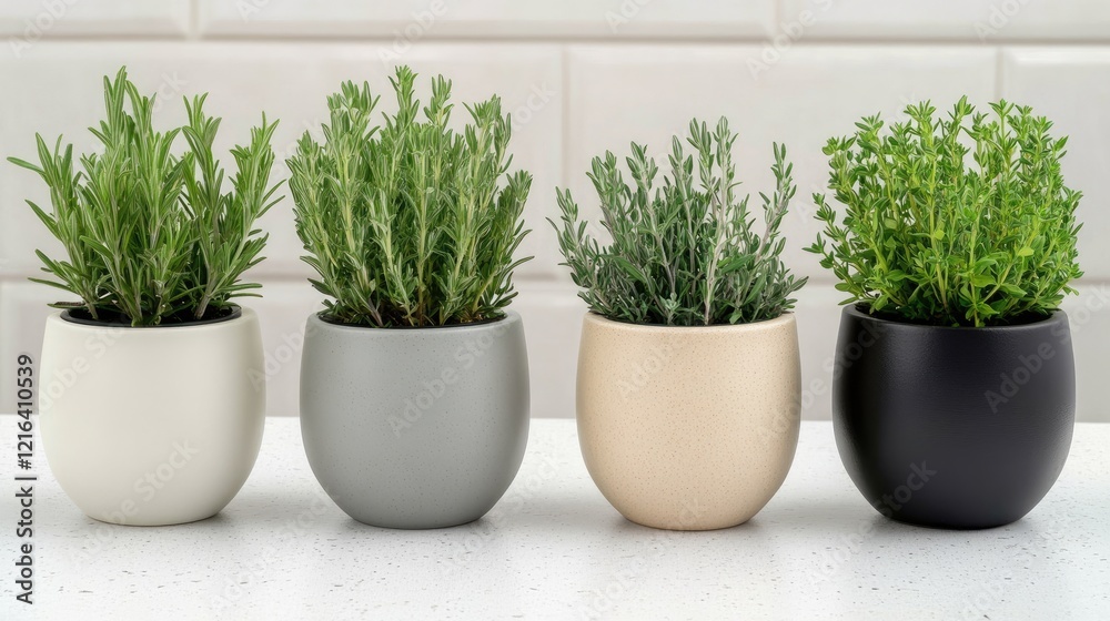 Fototapeta premium Four potted herbs on kitchen counter