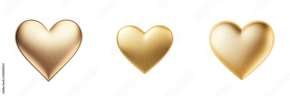 Three golden heart shapes of varying sizes, showcasing a smooth, glossy finish. Three golden heart shapes of varying sizes, showcasing a smooth, glossy finish.
