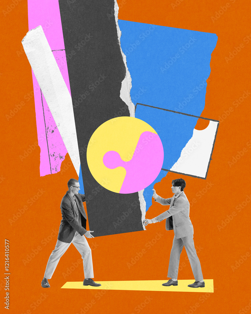 © master1305 - Two men working together, symbolizing collaboration and shared goals, represented by vibrant abstract shapes and connected elements. Conceptual art collage. Concept of teamwork, achievement © master1305 - Two men working together, symbolizing collaboration and shared goals, represented by vibrant abstract shapes and connected elements. Conceptual art collage. Concept of teamwork, achievement