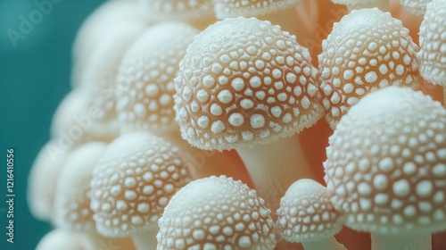 Close-up white mushrooms cluster, forest background, food, nature