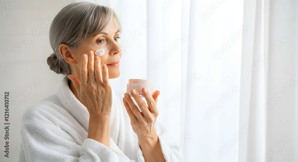 Beautiful older woman applying cream to her face Beautiful older woman applying cream to her face