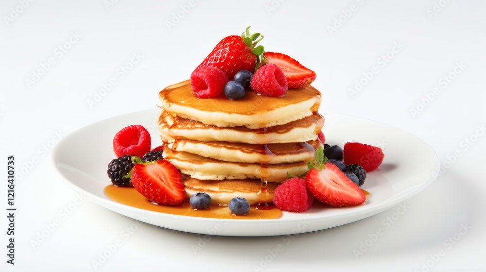 Fluffy pancakes topped with fresh berries and syrup served on a white plate Fluffy pancakes topped with fresh berries and syrup served on a white plate