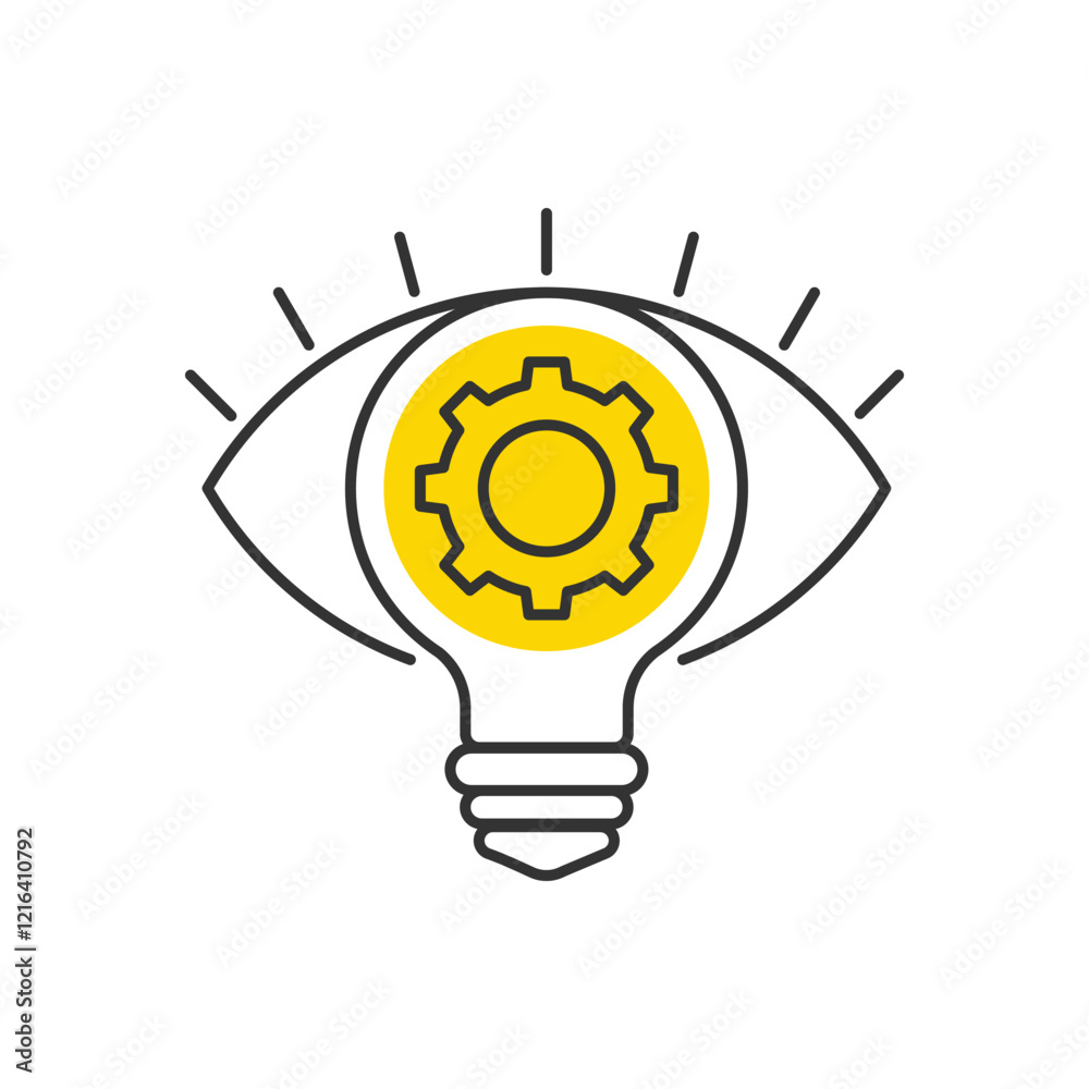 Creative logo with eye, gear and a light bulb icon as an idea symbol. Innovative, smart solution, vision sign. Creative logo with eye, gear and a light bulb icon as an idea symbol. Innovative, smart solution, vision sign.
