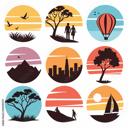 9 setting icons of sunset, various shaped, various behavior white background