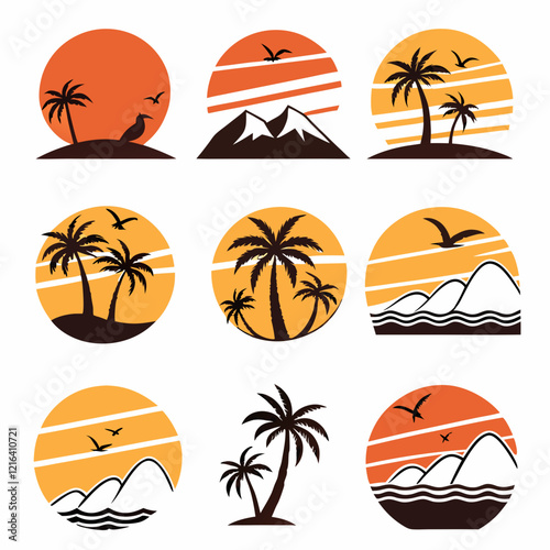 9 setting icons of sunset, various shaped, various behavior white background
