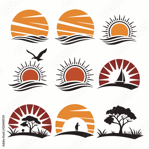 9 setting icons of sunset, various shaped, various behavior white background