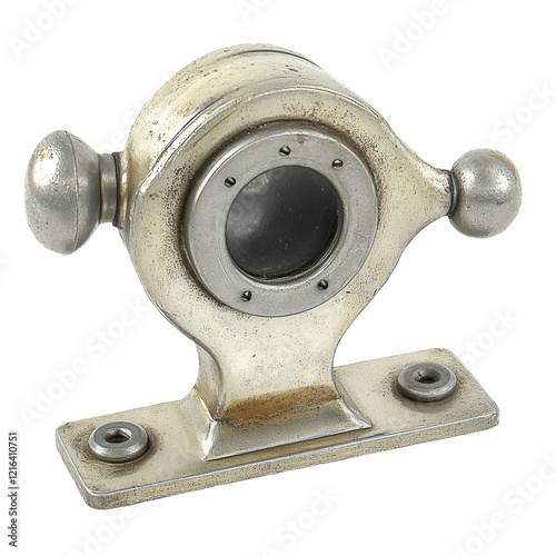 Antique metal viewport, industrial detail, isolated white photo