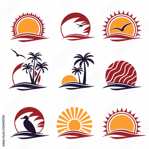 9 setting icons of sunset, various shaped, various behavior white background