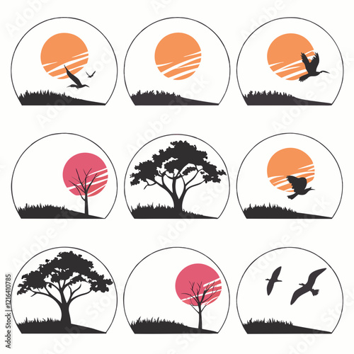 9 setting icons of sunset, various shaped, various behavior white background