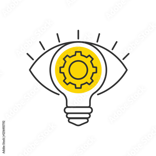 Creative logo with eye, gear and a light bulb icon as an idea symbol. Innovative, smart solution, vision sign.