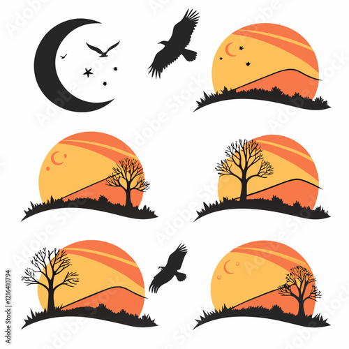 9 setting icons of sunset, various shaped, various behavior white background