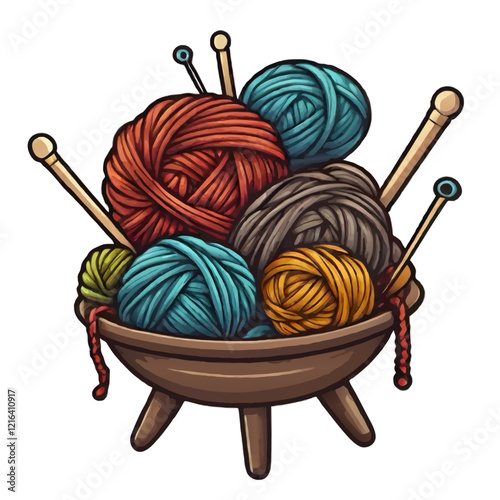 balls of wool with needles in a basket cartiin vector illustration