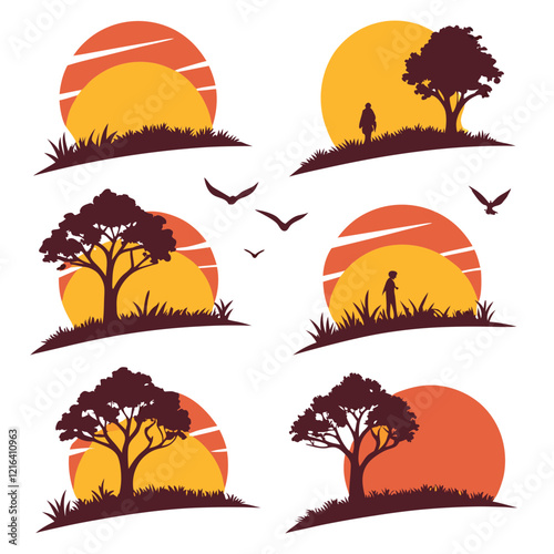 9 setting icons of sunset, various shaped, various behavior white background