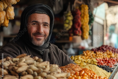 Smiling shopkeeper selling spices, dried fruits and vegetables in Morocco photo