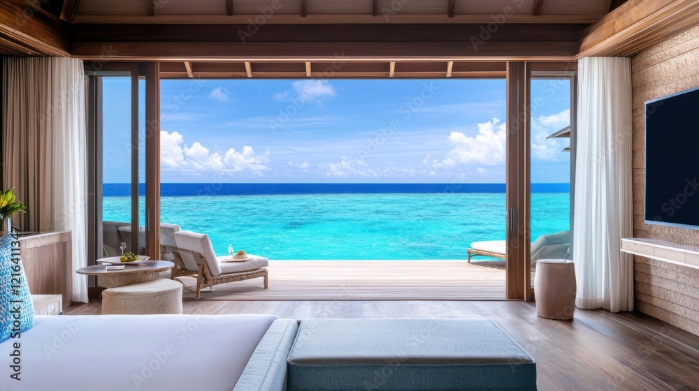 Fototapeta premium a bedroom with a large window overlooking the ocean