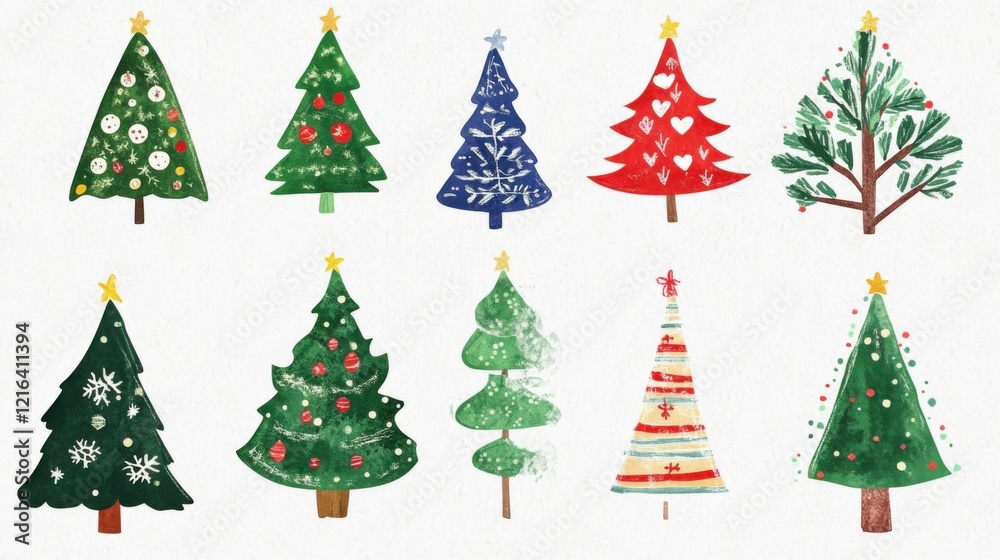 Artistic hand-drawn Christmas trees. Featuring various styles and imaginative decorations. Highlighting artistic expression. Ideal for holiday greeting cards. Artistic hand-drawn Christmas trees. Featuring various styles and imaginative decorations. Highlighting artistic expression. Ideal for holiday greeting cards.