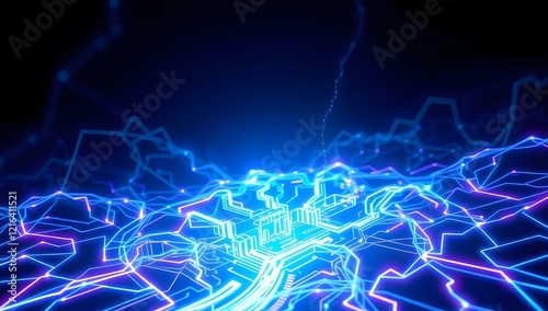 Futuristic processor board with bright cyber energy lines
