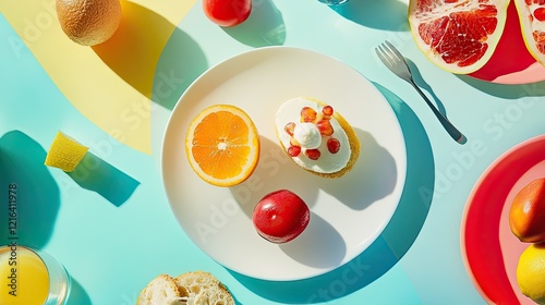 A top-down view of a festive table spread featuring a variety of foods. photo