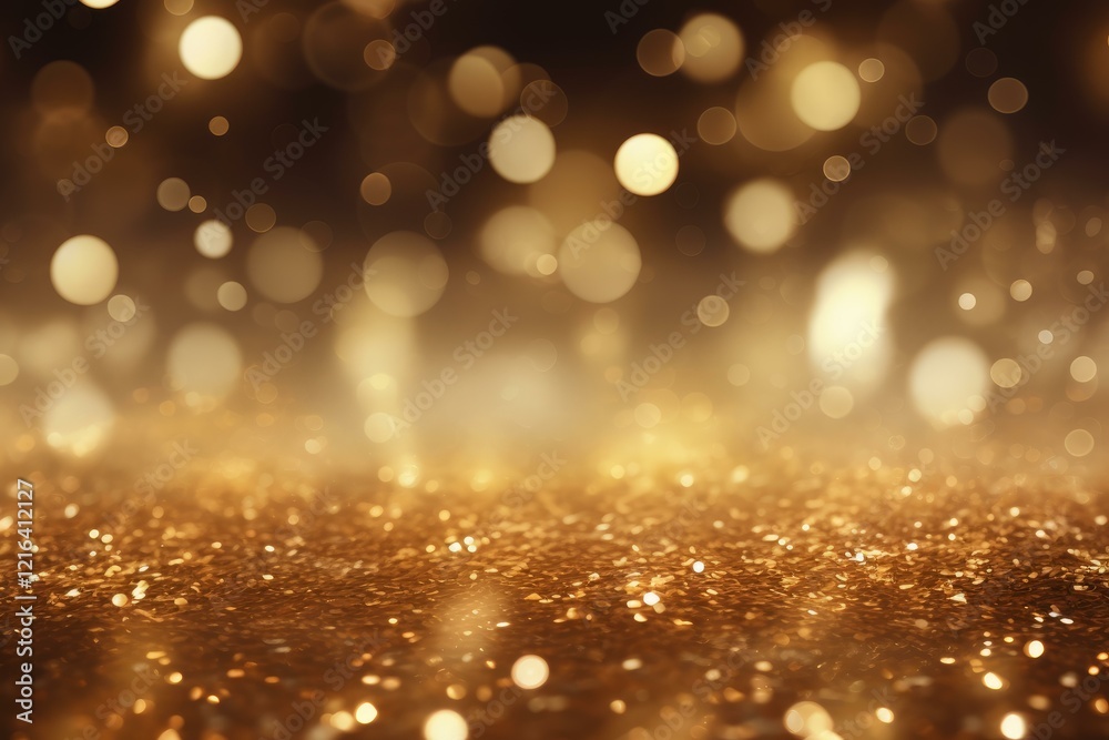 Golden glitter surface shining with bright bokeh lights creating a festive and glamorous background