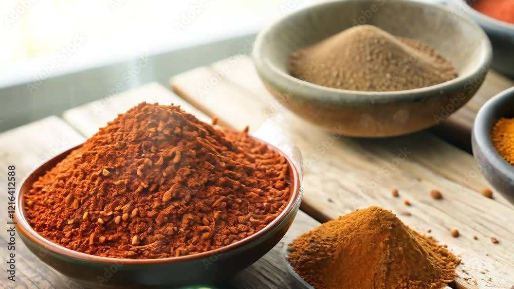 The camera pans across a rustic wooden table showcasing spices in handmade ceramic bowls, natural window light enhances earthy tones The camera pans across a rustic wooden table showcasing spices in handmade ceramic bowls, natural window light enhances earthy tones