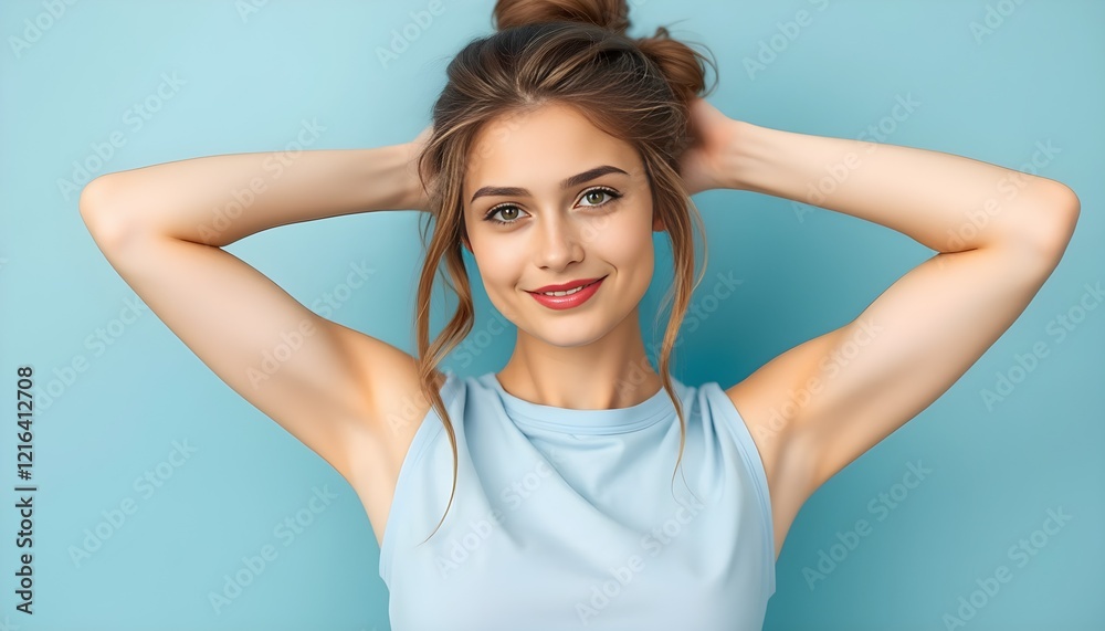 Radiant Confidence: A Girl’s Cheerful Pose on a Bold Blue Canvas Radiant Confidence: A Girl’s Cheerful Pose on a Bold Blue Canvas