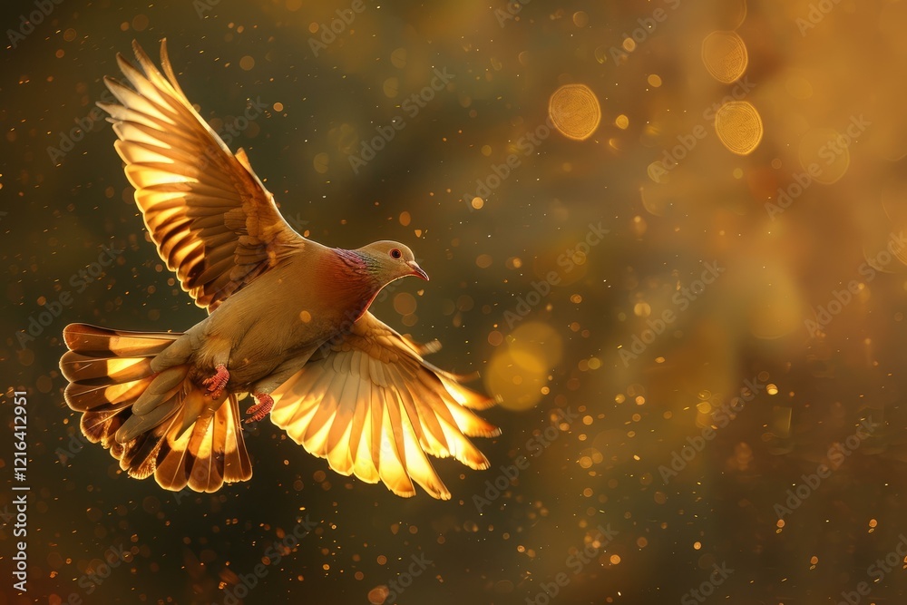 Fototapeta premium Dove with spread wings illuminated by a magical golden light is flying during a beautiful moment