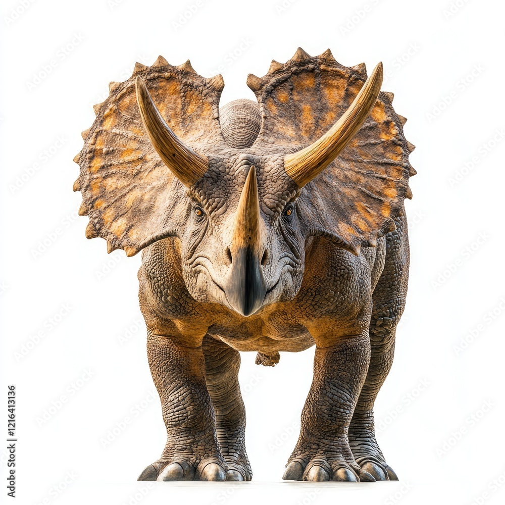 Fototapeta premium Triceratops dinosaur, prehistoric creature, facing forward, isolated white background; educational, children's book
