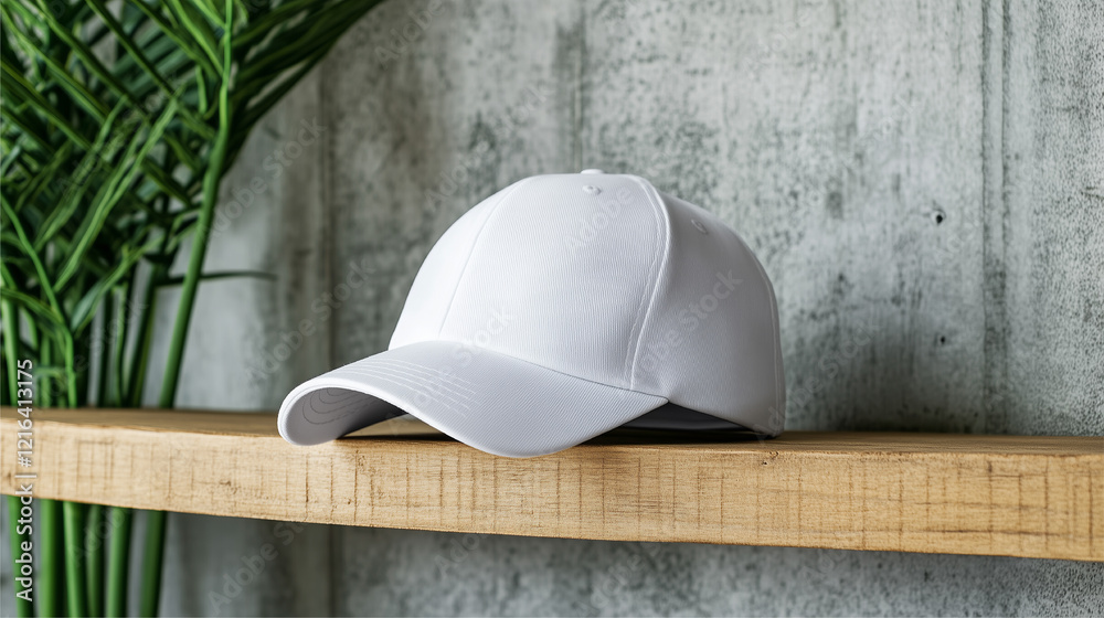 Mock up white baseball cap, on wooden shelf, cement wall background. Mock up white baseball cap, on wooden shelf, cement wall background.