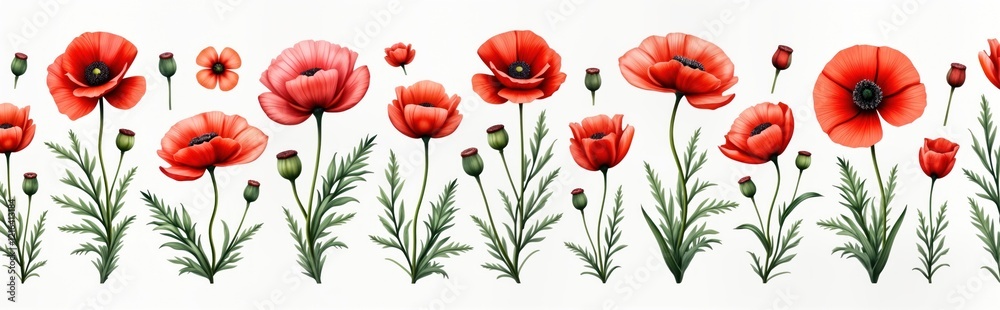 Fototapeta premium Watercolor illustration of red poppies. Botanical floral design. Seamless pattern. Beautiful flowers on white background. Perfect for spring summer themes. Various poppies, leaves. Red, green colors.