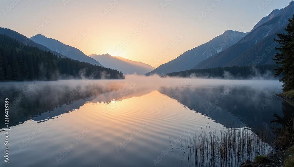Fototapeta premium Golden Sunset on Tranquil Lake Reflects Misty Mountains and Verdant Greens