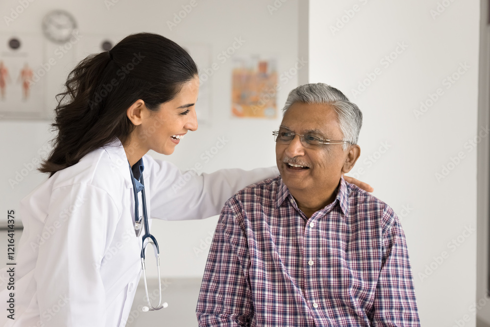 Your health is in caring professional hands. Smiling female medic worker hug shoulder of happy senior male patient support at medical appointment encourage before surgery help struggle with diagnosis Your health is in caring professional hands. Smiling female medic worker hug shoulder of happy senior male patient support at medical appointment encourage before surgery help struggle with diagnosis