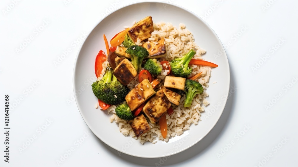 Colorful tofu and vegetable stir-fry served on a bed of rice in a simple bowl setting Colorful tofu and vegetable stir-fry served on a bed of rice in a simple bowl setting