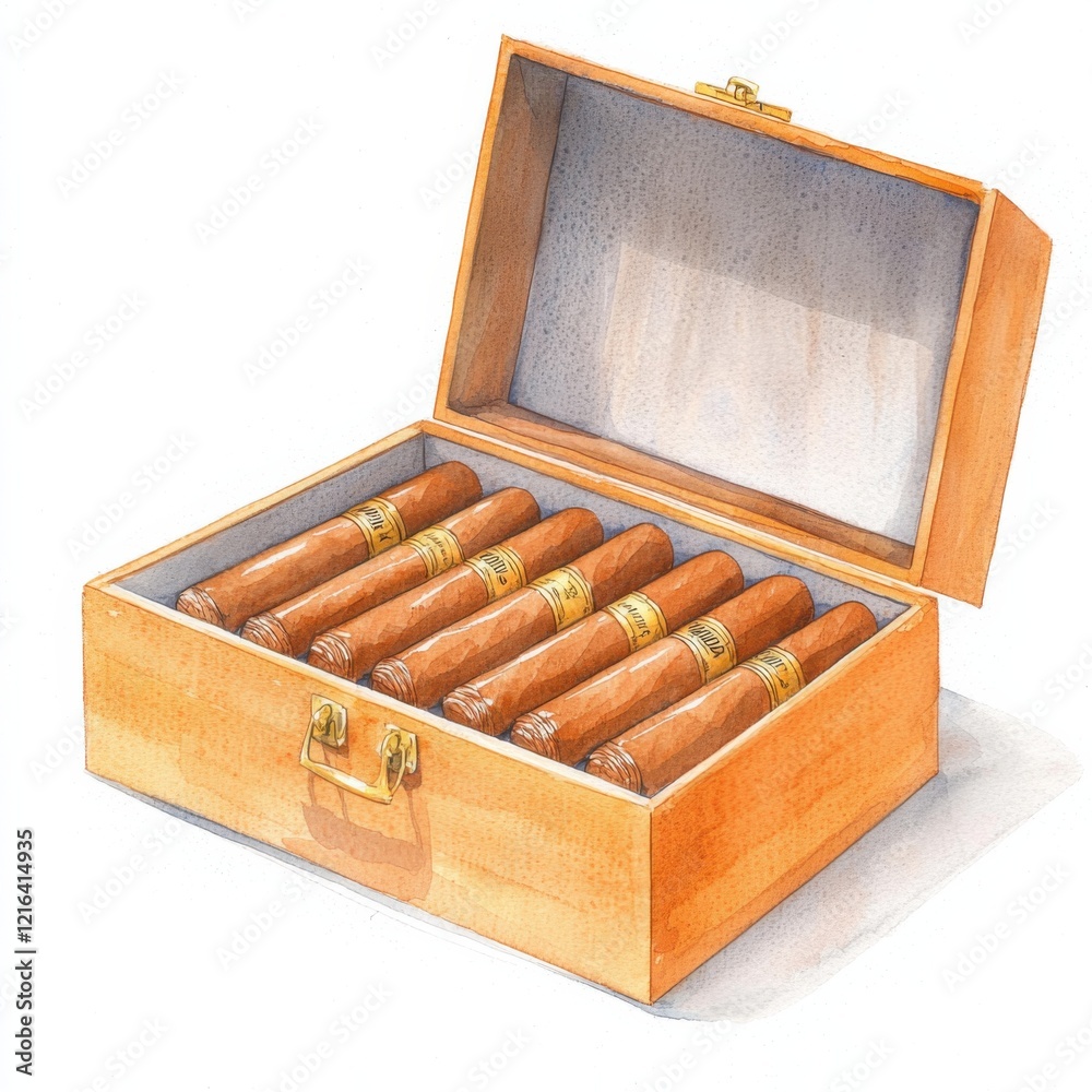 Watercolor illustration of luxury cigar box artistic clipart warm indoor setting detailed view, isolated on white background Watercolor illustration of luxury cigar box artistic clipart warm indoor setting detailed view, isolated on white background