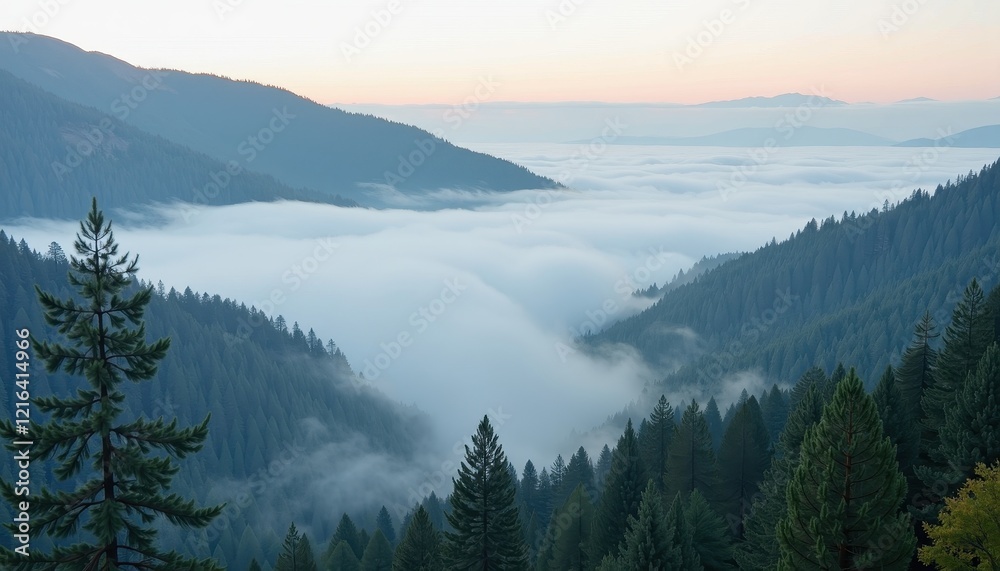 Fototapeta premium Breathtaking Sunset View: Golden Hued Mountains Wrapped in Misty Forests as Dawn Breaks
