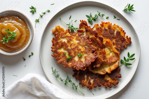 Crispy Pan-Fried Scrapple with Apple Sauce and Fresh Herbs on a White Plate photo