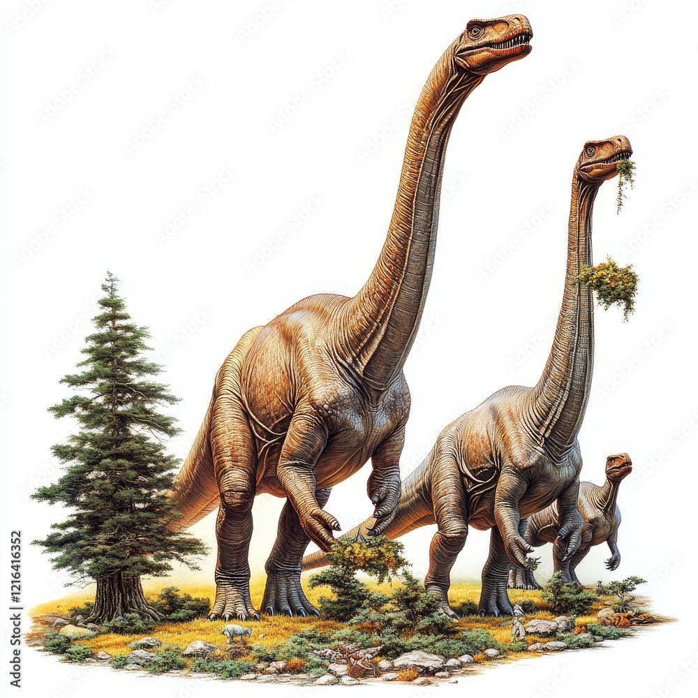Obraz premium Prehistoric herbivore dinosaurs grazing, Mesozoic Era landscape. Educational illustration