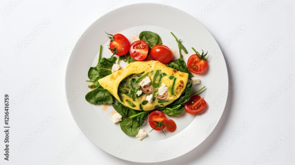 Omelette filled with vegetables served on fresh spinach and tomato on a white plate Omelette filled with vegetables served on fresh spinach and tomato on a white plate